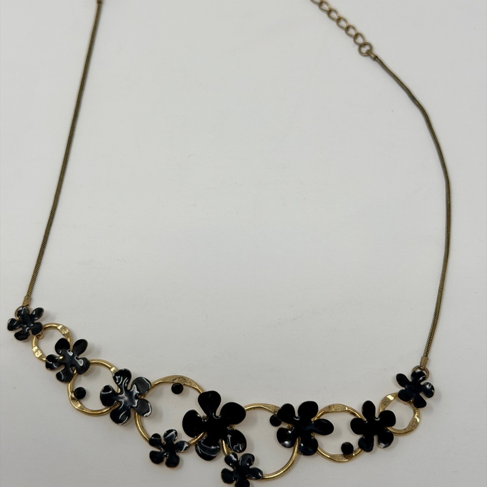 Danish Pilgrim Gold Black Flower Pendant Statement Necklace